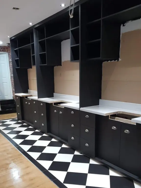 Barber shop units including fitted draws and cabinets and wall shelving