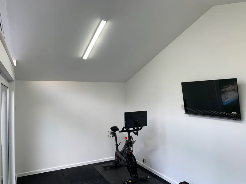 Internal view of a garden gym with a TV attached tot he wall and treadmill in the corner