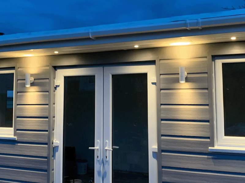 A close up of the garden room with spotlights switched on