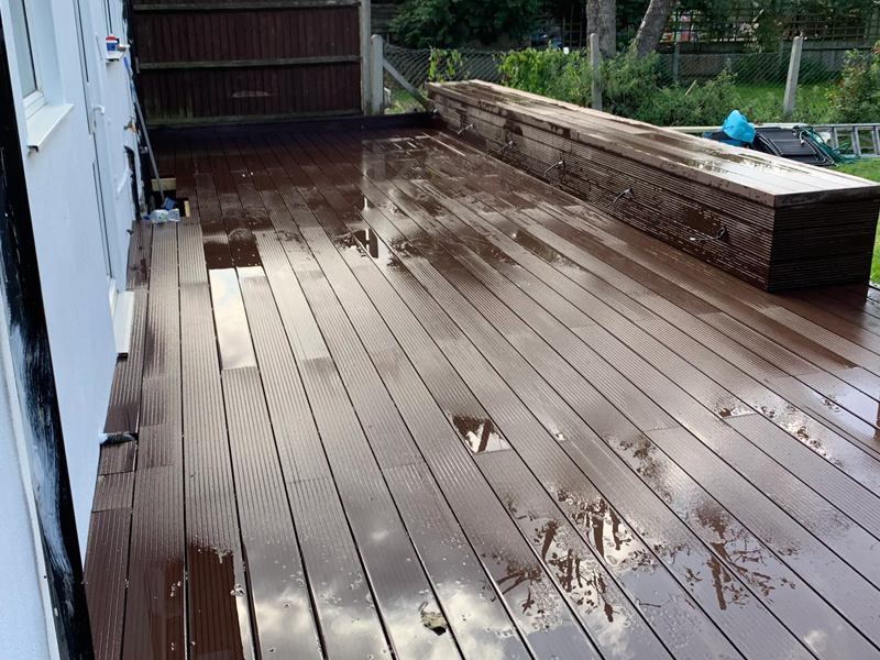 side view raised sitting area, and decking brown composite boards
