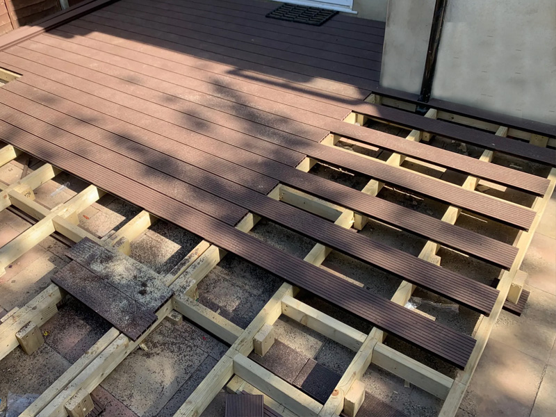 front view decking treated timber base and composite brown decking boards